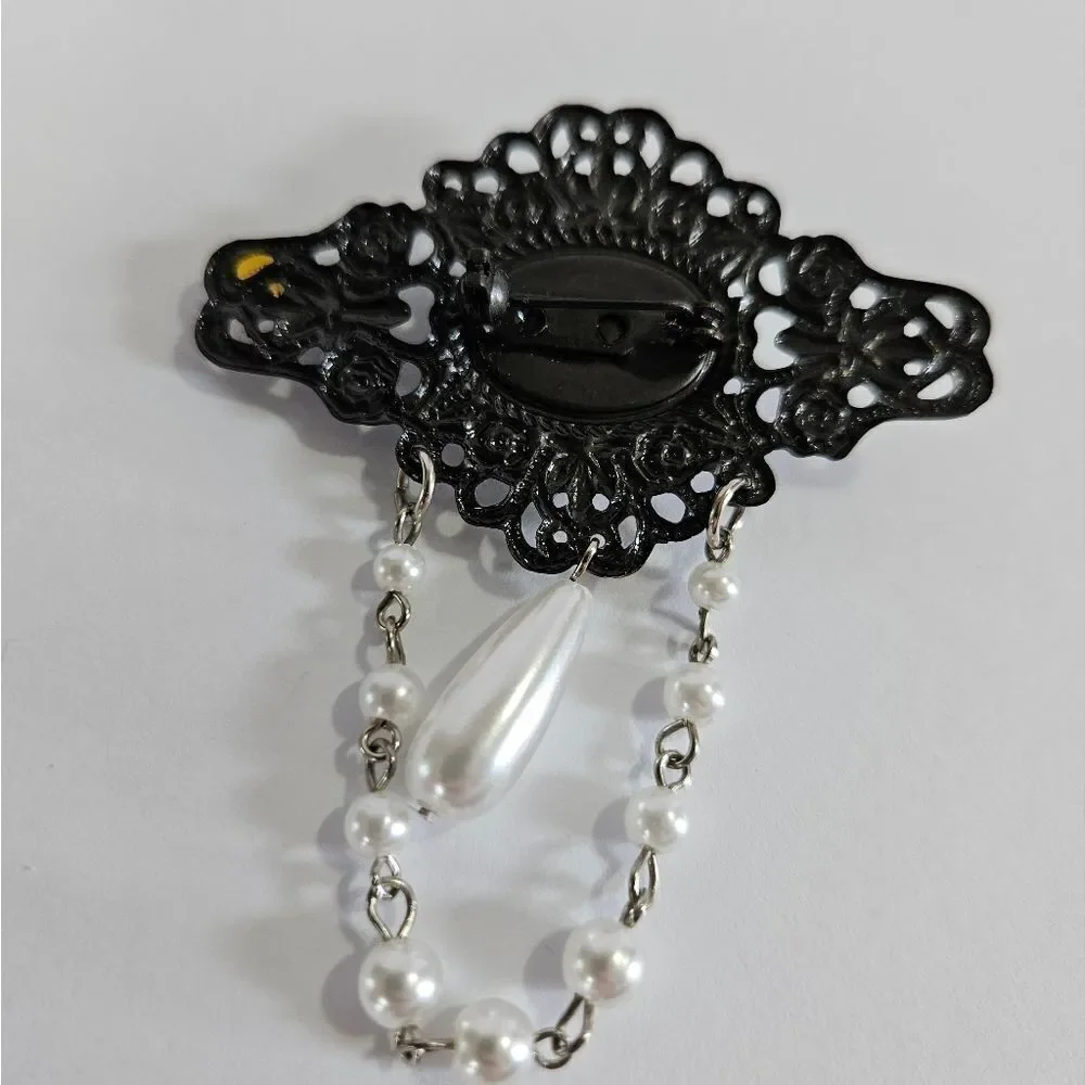 Vintage Faux Pearl Teardrop Filigree Dangle Chains Victorian Style Brooch Pin